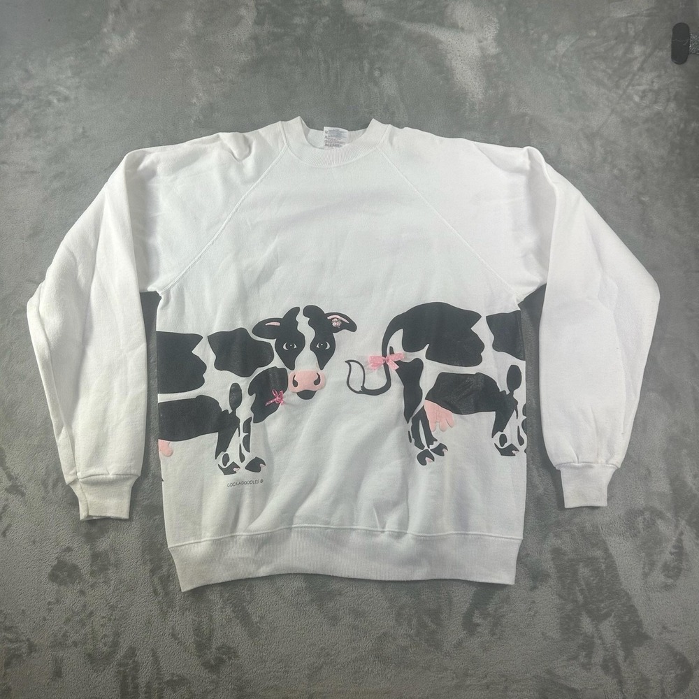 Vintage Hanes Sweatshirt Womens XL White Cow Graphic Bow Cockadoodles USA